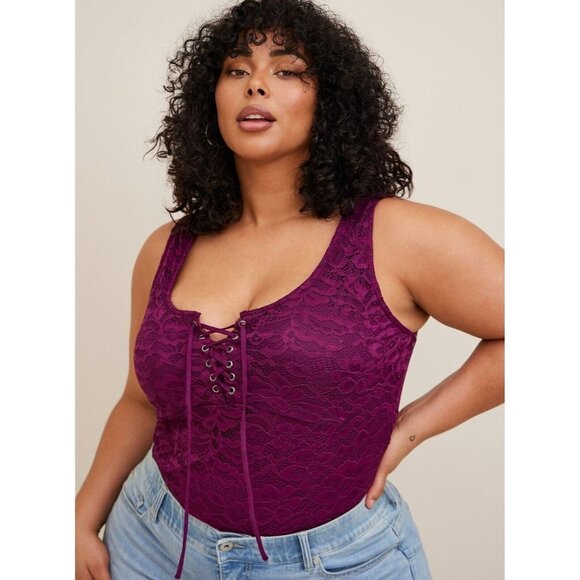 Torrid Bodysuit Corset 5X Lace Seamed Lace Up Bodysuit Purple Floral New - Picture 2 of 9